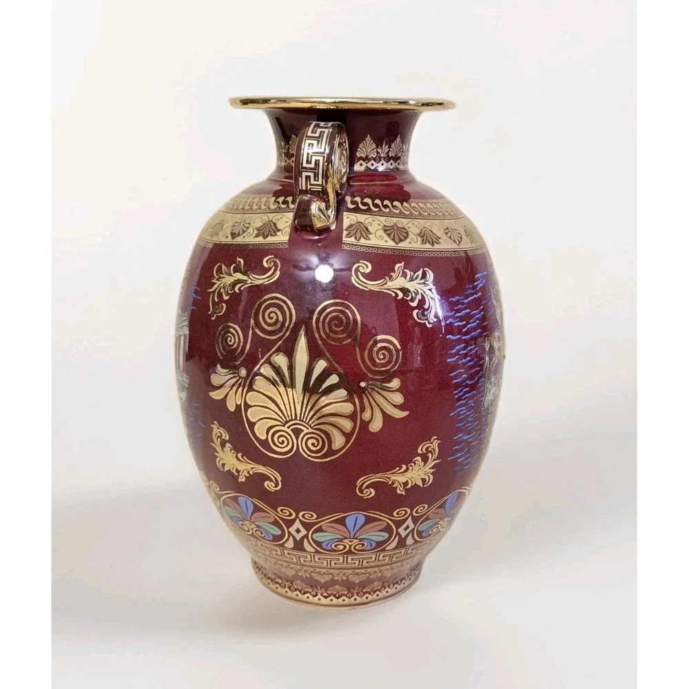 Red Spyropoulos Vase Greece 24K Gold Trim Greek Mythology Porcelain 9.5